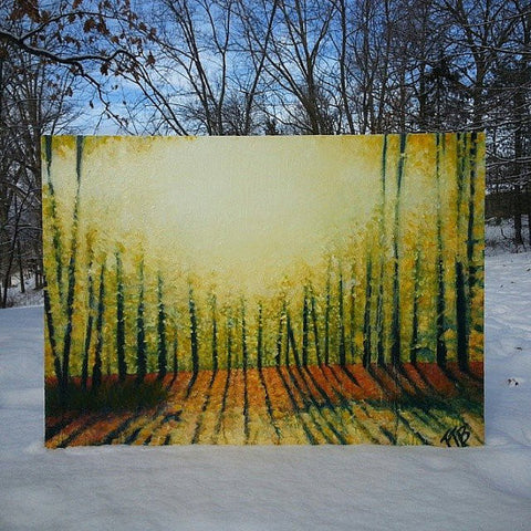 Large Abstract Landscape Painting Autumnal Colors. Bright Sunlight through the trees.Yellow Orange