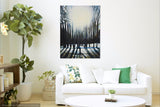 Large Abstract Landscape Painting Black White & Blue. Sunlight through the trees.