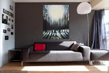 Large Abstract Landscape Painting Black White & Blue. Sunlight through the trees.