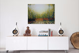 Room interior Large Abstract Landscape Painting Autumnal Colors. Bright Sunlight through the trees.Yellow Orange